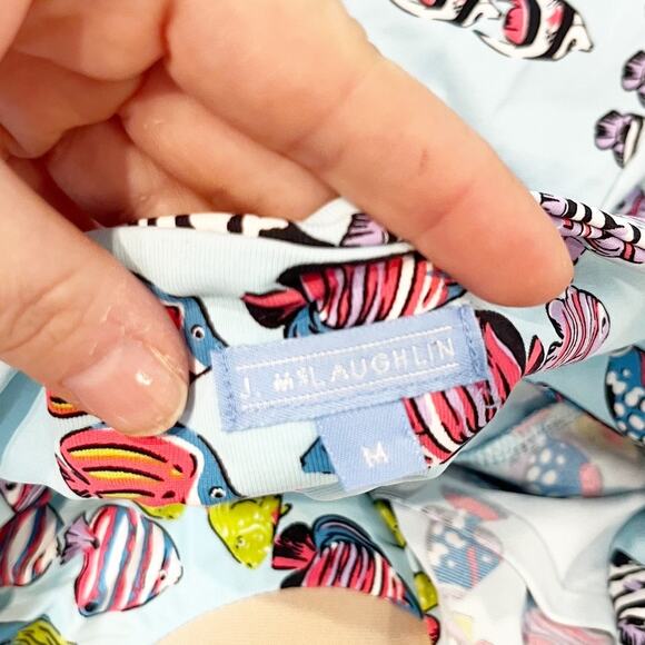 J. McLaughlin Fish Print Halter Tie Neck Mini Knee Length Dress Blue Medium - Picture 3 of 11